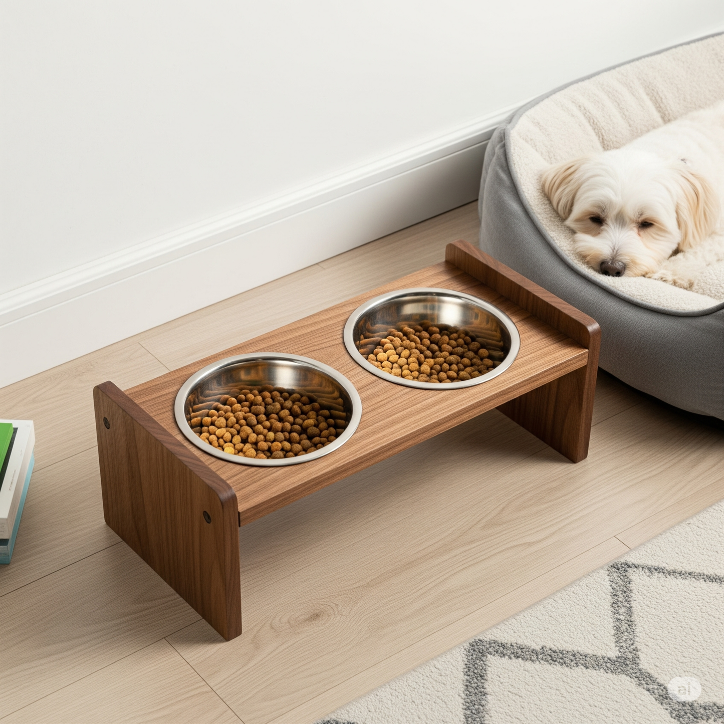 Modern Elevated Dog Bowl Stand | Solid Wood Pet Feeder with Stainless Steel Bowls