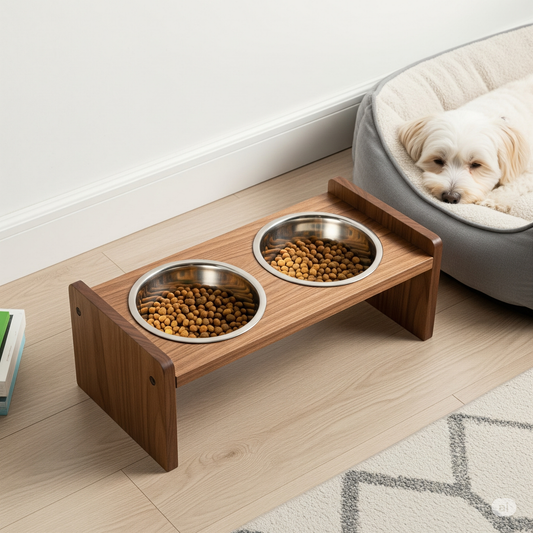 Modern Elevated Dog Bowl Stand | Solid Wood Pet Feeder with Stainless Steel Bowls
