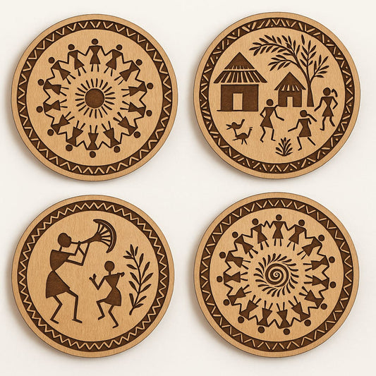 Warli Art Wooden Coaster Set | Handcrafted Indian Engraved Coasters