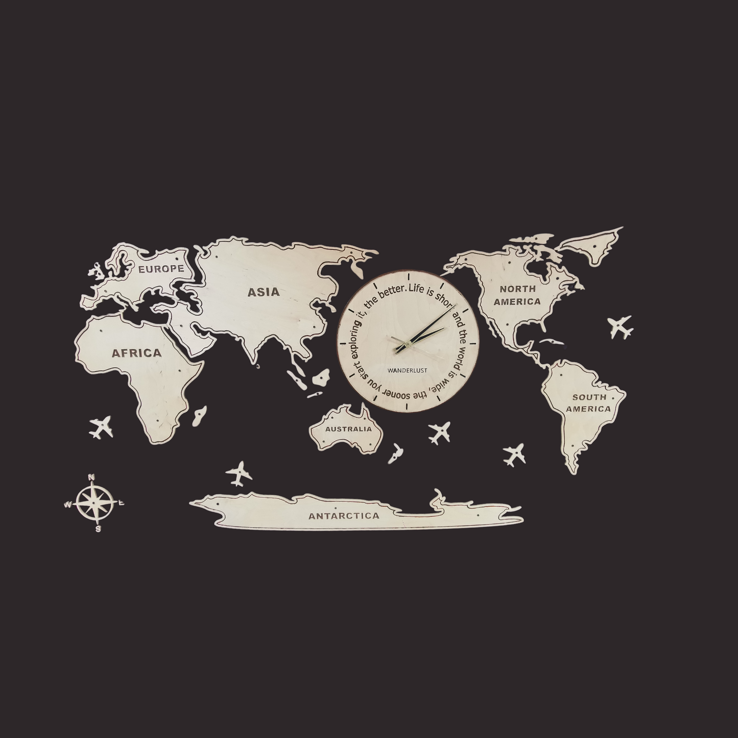 Wooden World Map Wall Clock | Laser-Cut Travel Decor & Wall Art