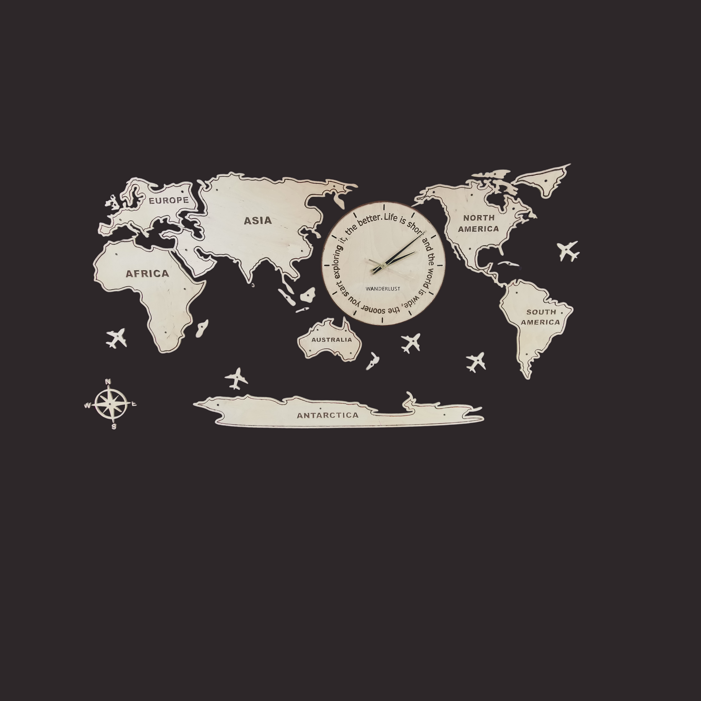 Wooden World Map Wall Clock | Laser-Cut Travel Decor & Wall Art