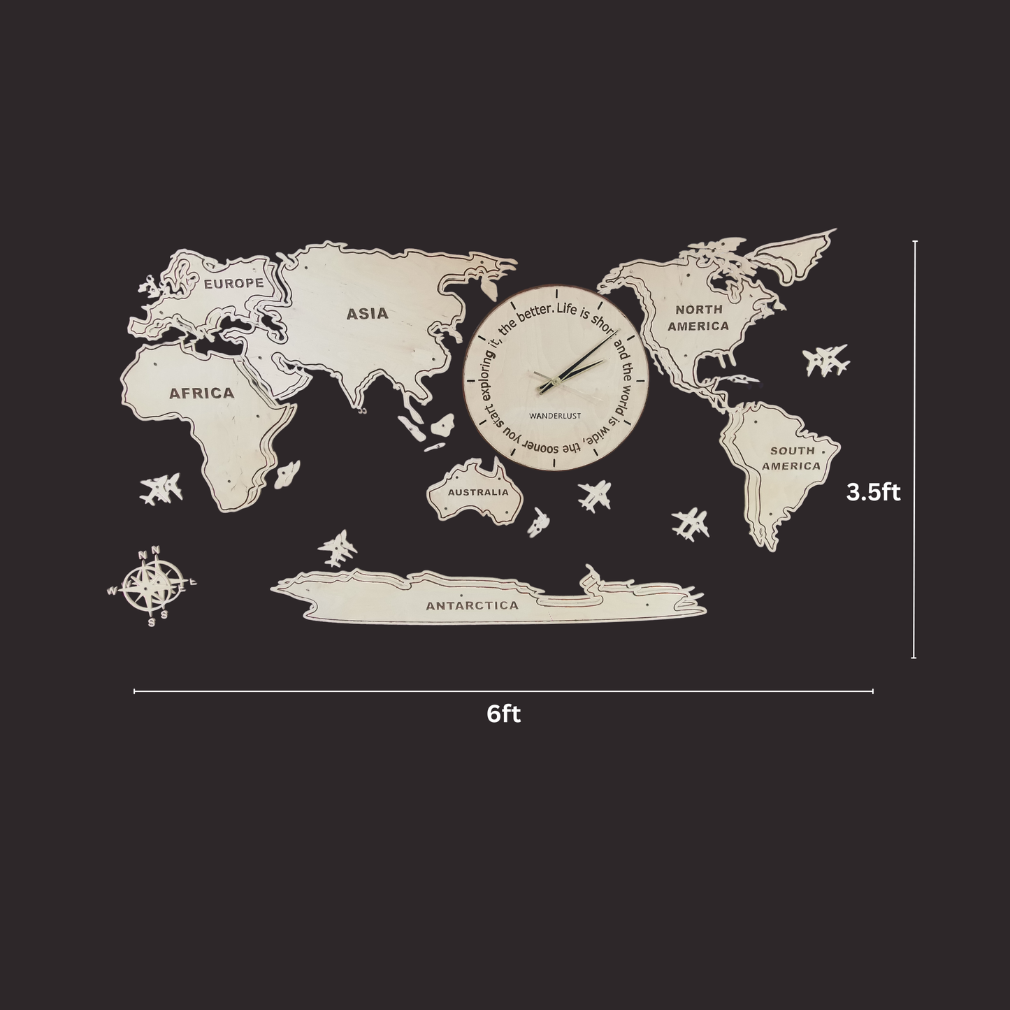 Wooden World Map Wall Clock | Laser-Cut Travel Decor & Wall Art