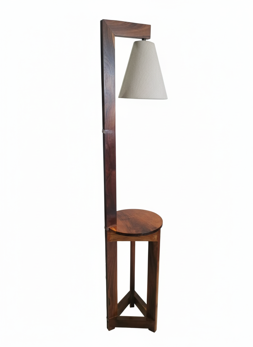 Premium Teak Wood Floor Lamp with Integrated Side Table