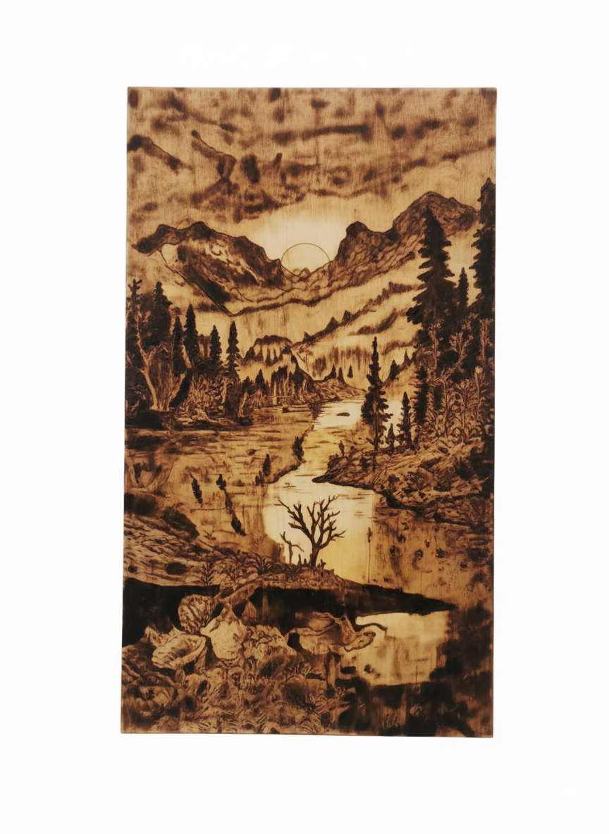 Handmade Pyrography Wood Burning Art | Rustic Nature Landscape Wall Decor