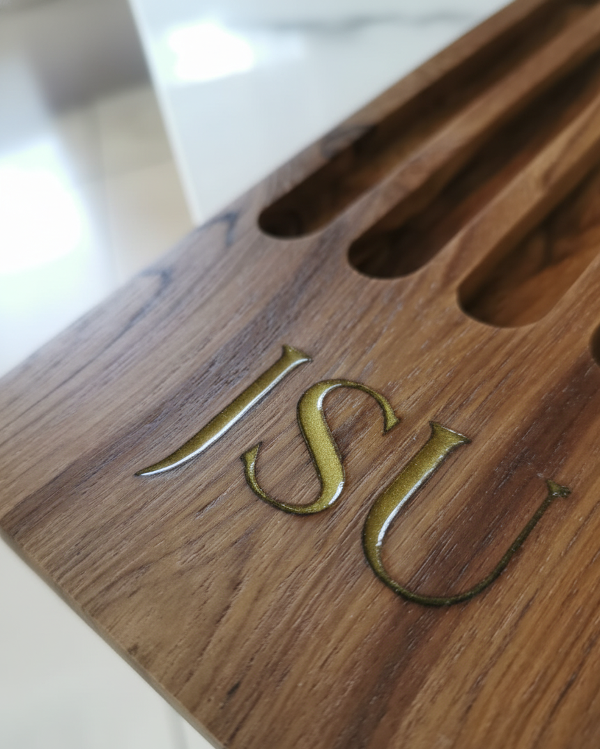Personalized Teak Wood Pen Holder Tray | Custom Engraved & Resin-Filled Desk Organizer