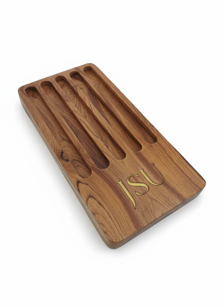 Personalized Teak Wood Pen Holder Tray | Custom Engraved & Resin-Filled Desk Organizer